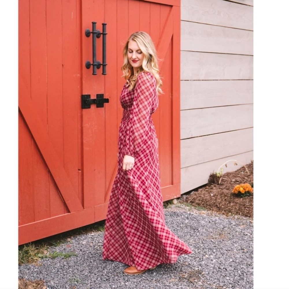 Gal Meets Glam Robyn Red Tartan Plaid Western Cowgirl Maxi Dress $198 Retail